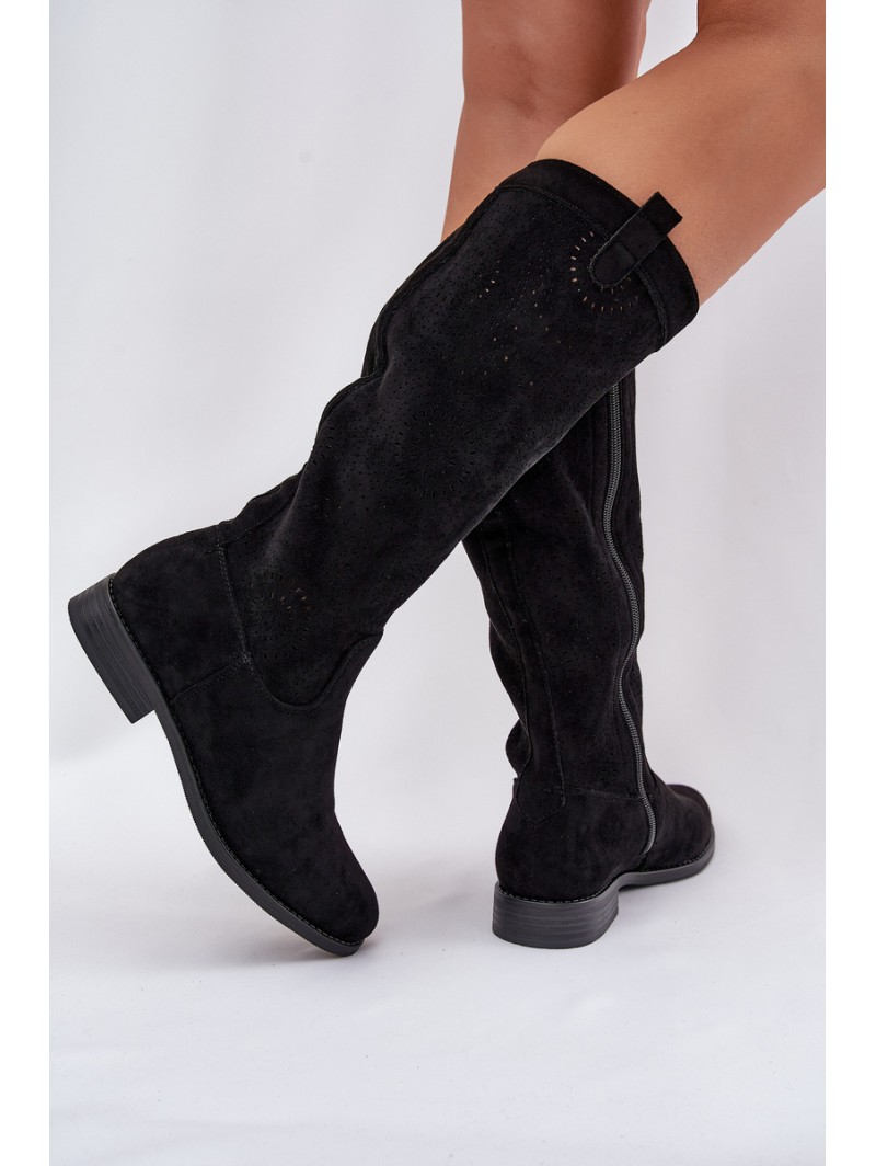 Knee Boots With Perforated Shaft On Flat Heel S.Barski HY51-860 Black