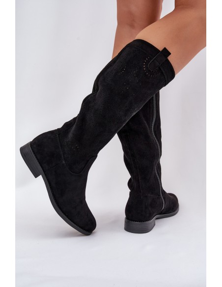 Knee Boots With Perforated Shaft On Flat Heel S.Barski HY51-860 Black