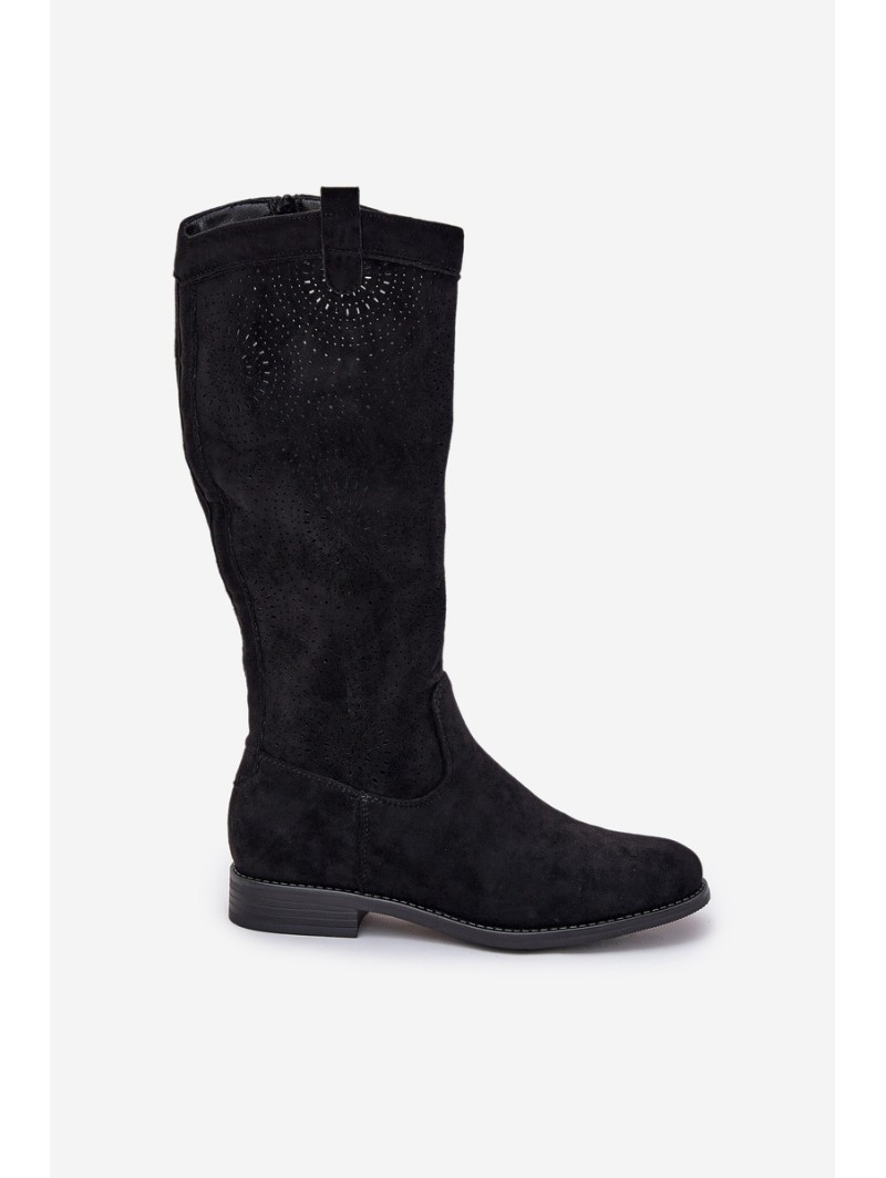 Knee Boots With Perforated Shaft On Flat Heel S.Barski HY51-860 Black