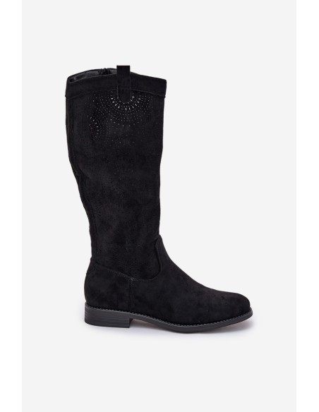 Knee Boots With Perforated Shaft On Flat Heel S.Barski HY51-860 Black