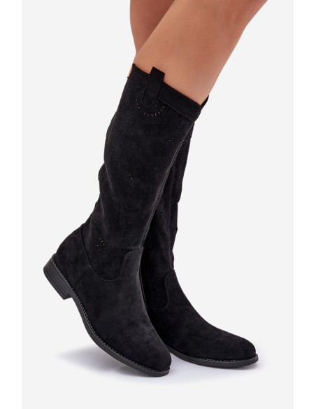 Knee Boots With Perforated Shaft On Flat Heel S.Barski HY51-860 Black