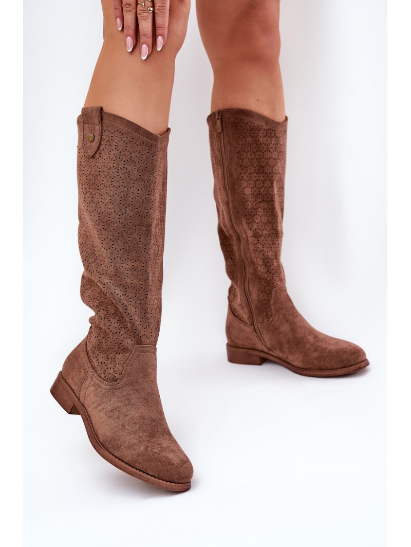 Flat Heel Boots With Perforated Pattern Brown S.Barski HY51-062