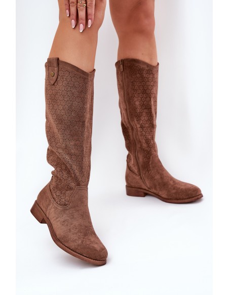Flat Heel Boots With Perforated Pattern Brown S.Barski HY51-062