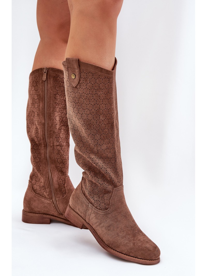 Flat Heel Boots With Perforated Pattern Brown S.Barski HY51-062
