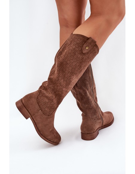 Flat Heel Boots With Perforated Pattern Brown S.Barski HY51-062