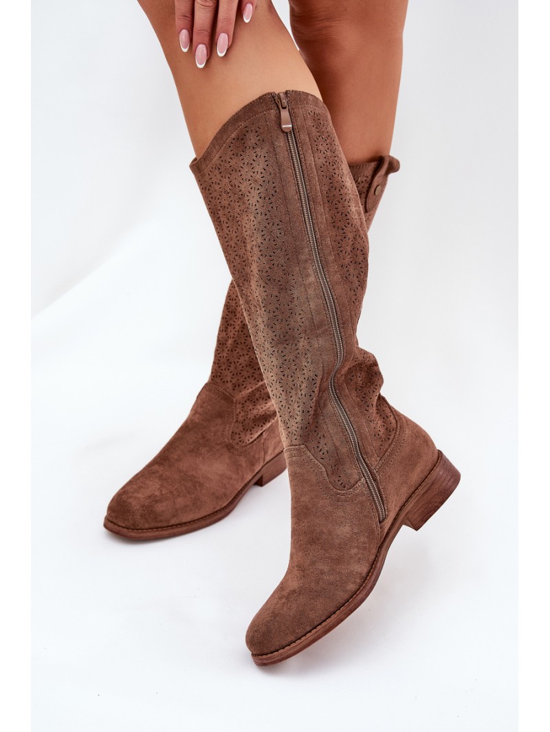 Flat Heel Boots With Perforated Pattern Brown S.Barski HY51-062