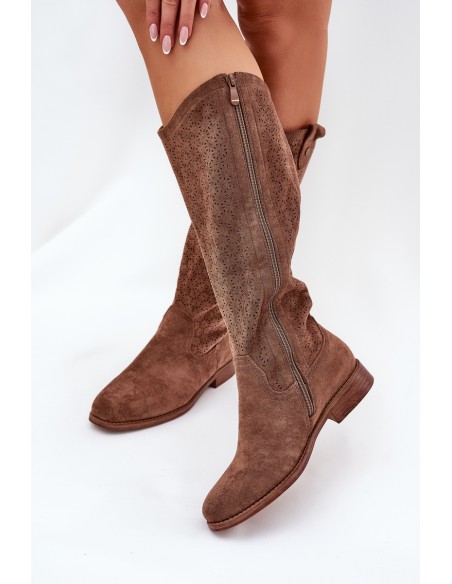 Flat Heel Boots With Perforated Pattern Brown S.Barski HY51-062