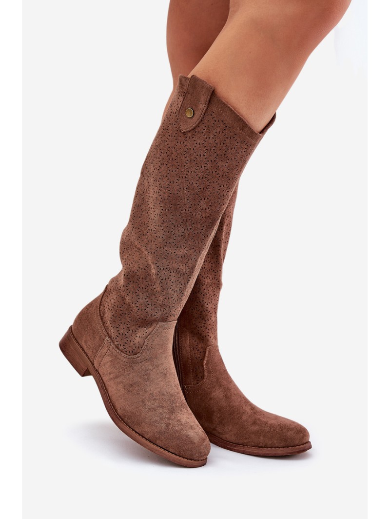 Flat Heel Boots With Perforated Pattern Brown S.Barski HY51-062