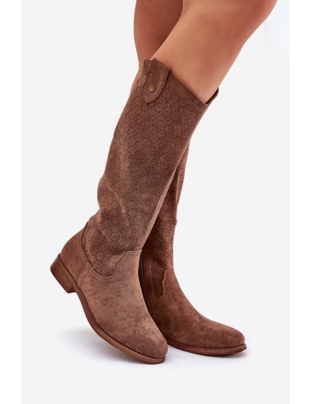 Flat Heel Boots With Perforated Pattern Brown S.Barski HY51-062
