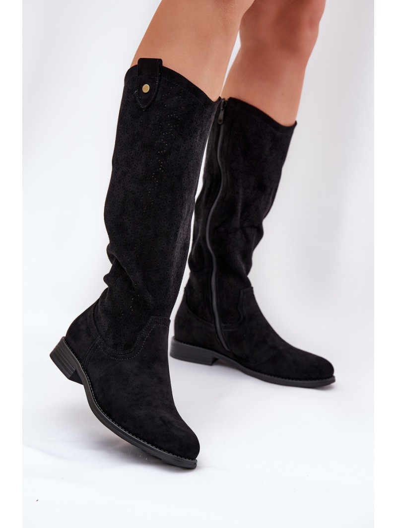 Flat Heeled Boots With Perforated Pattern Black S.Barski HY51-062