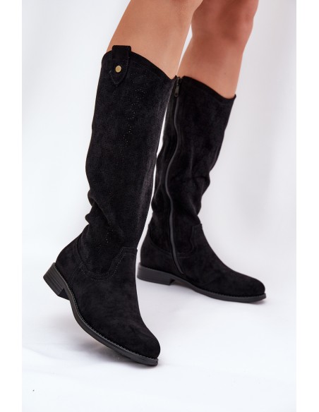 Flat Heeled Boots With Perforated Pattern Black S.Barski HY51-062
