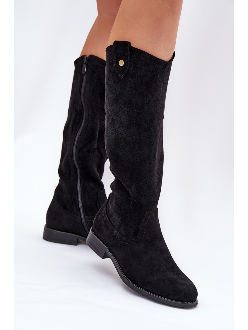 Flat Heeled Boots With Perforated Pattern Black S.Barski HY51-062