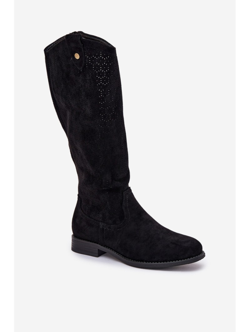 Flat Heeled Boots With Perforated Pattern Black S.Barski HY51-062