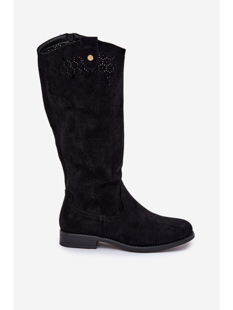 Flat Heeled Boots With Perforated Pattern Black S.Barski HY51-062