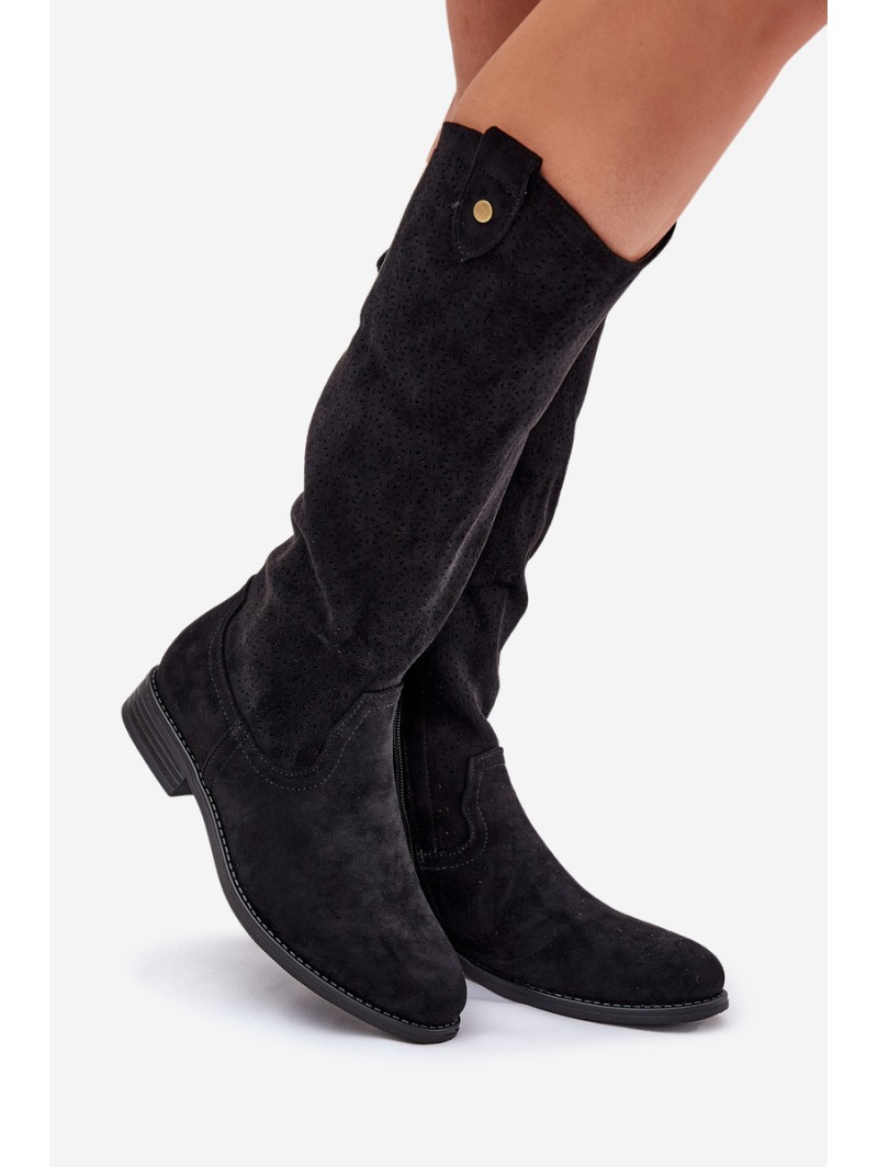Flat Heeled Boots With Perforated Pattern Black S.Barski HY51-062