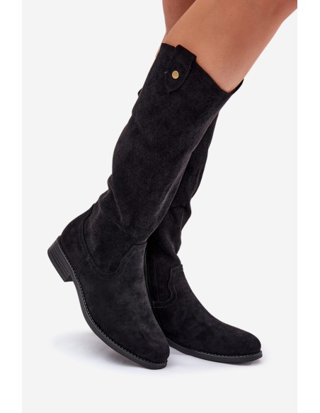 Flat Heeled Boots With Perforated Pattern Black S.Barski HY51-062