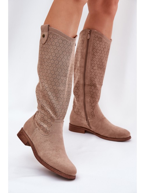 Flat Heeled Boots With Perforated Pattern Beige S.Barski HY51-062