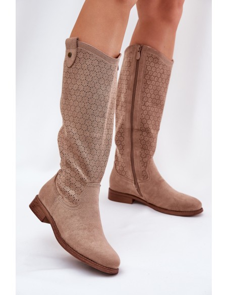 Flat Heeled Boots With Perforated Pattern Beige S.Barski HY51-062