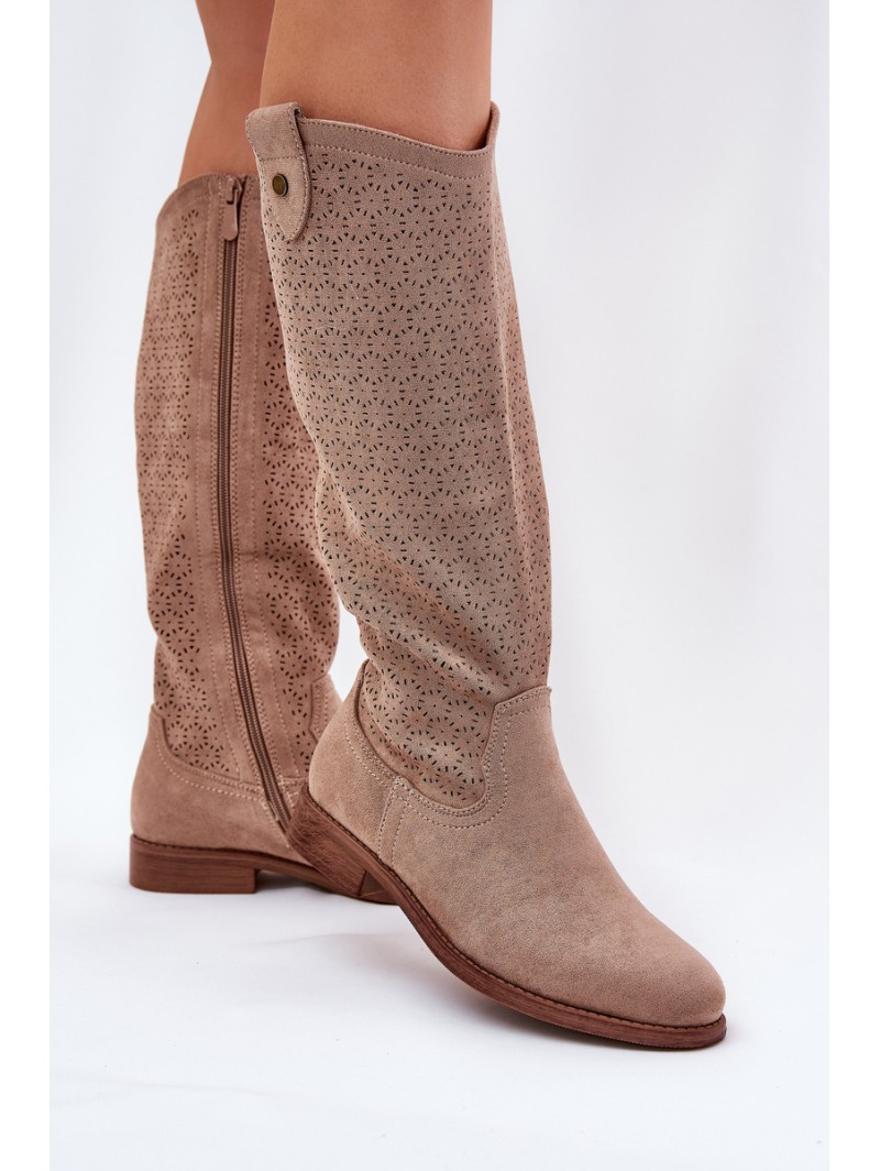 Flat Heeled Boots With Perforated Pattern Beige S.Barski HY51-062
