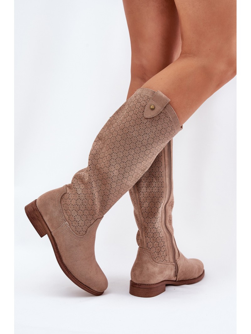 Flat Heeled Boots With Perforated Pattern Beige S.Barski HY51-062