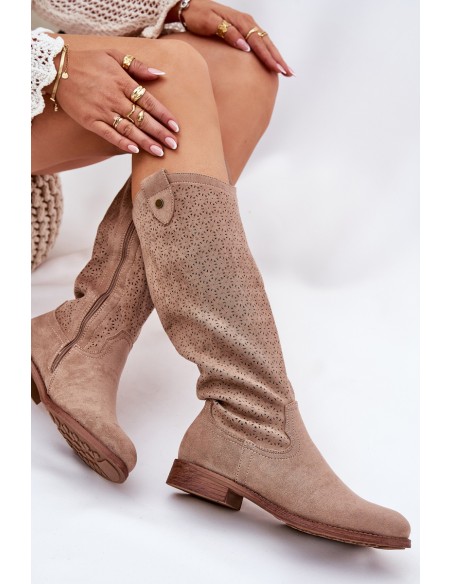 Flat Heeled Boots With Perforated Pattern Beige S.Barski HY51-062