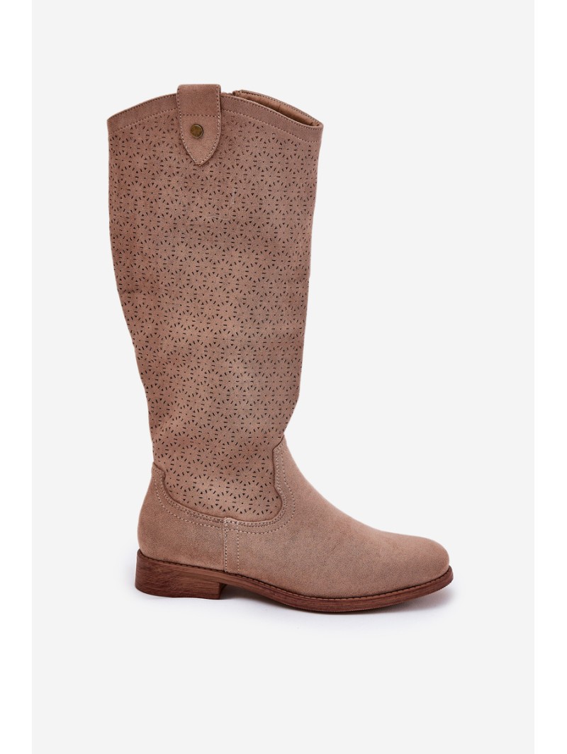 Flat Heeled Boots With Perforated Pattern Beige S.Barski HY51-062