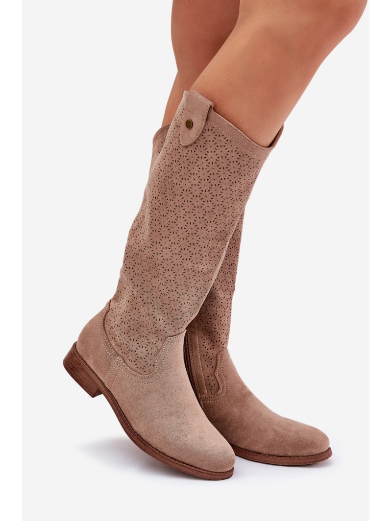 Flat Heeled Boots With Perforated Pattern Beige S.Barski HY51-062