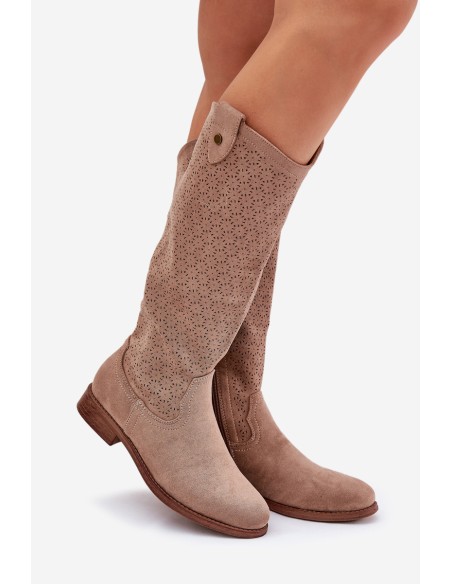 Flat Heeled Boots With Perforated Pattern Beige S.Barski HY51-062