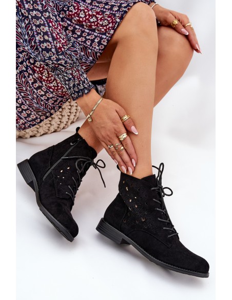Laced Ankle Boots With Openwork Pattern S.Barski HY51-136 Black