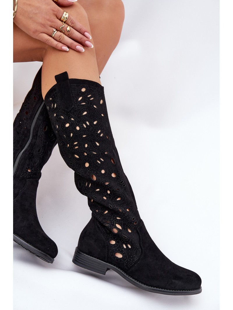 Perforated Boots On Flat Heel Black HY51-176