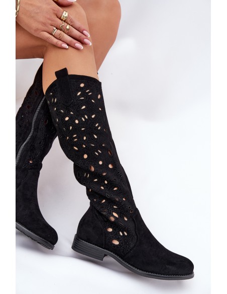 Perforated Boots On Flat Heel Black HY51-176