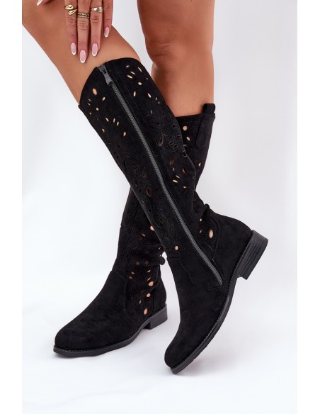 Perforated Boots On Flat Heel Black HY51-176