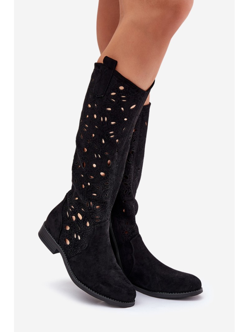 Perforated Boots On Flat Heel Black HY51-176