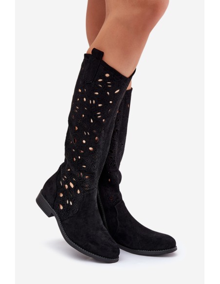 Perforated Boots On Flat Heel Black HY51-176