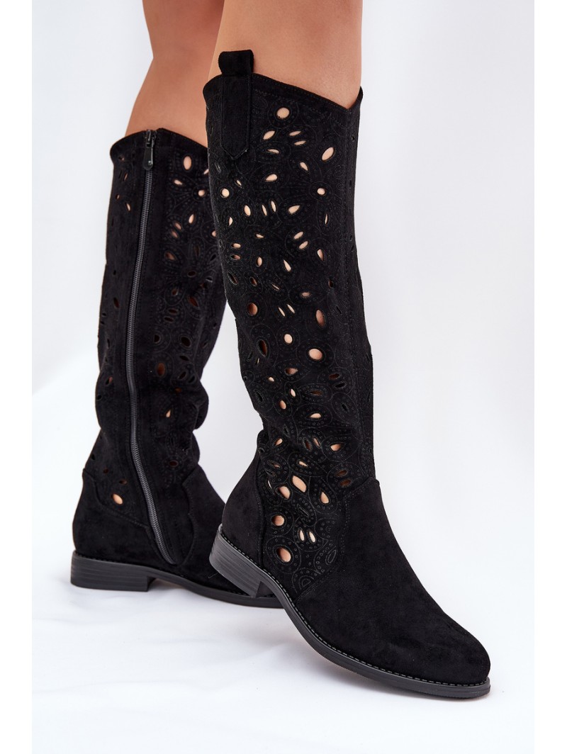 Perforated Boots On Flat Heel Black HY51-176