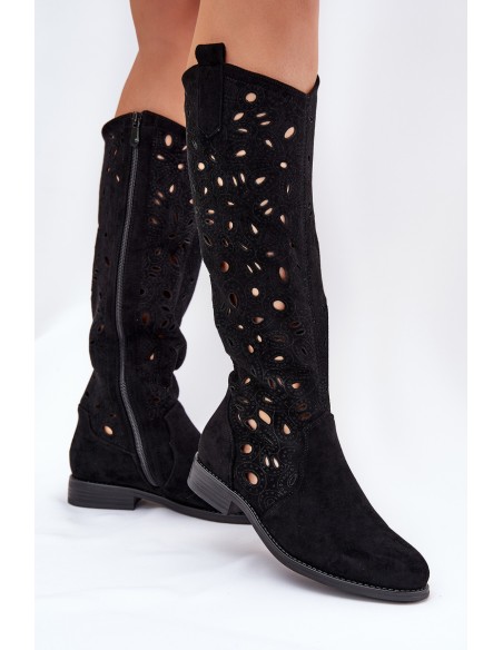 Perforated Boots On Flat Heel Black HY51-176