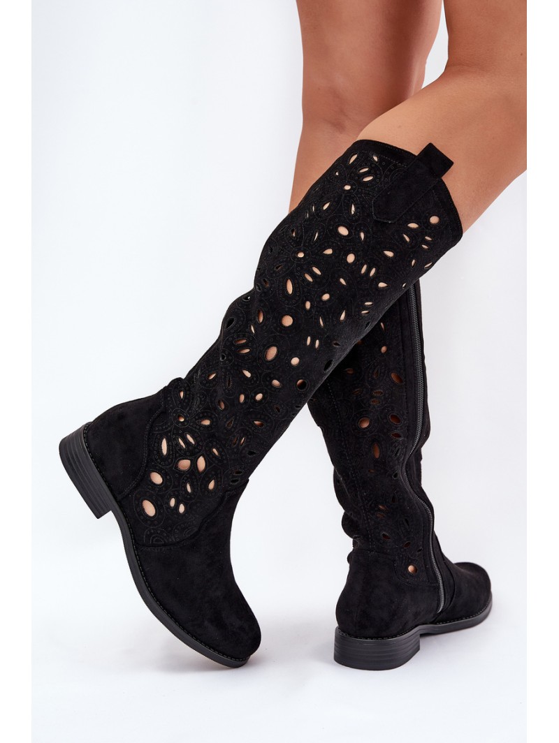 Perforated Boots On Flat Heel Black HY51-176