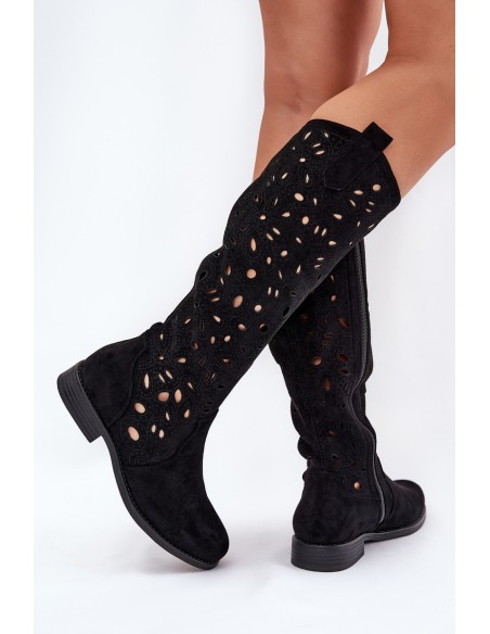 Perforated Boots On Flat Heel Black HY51-176