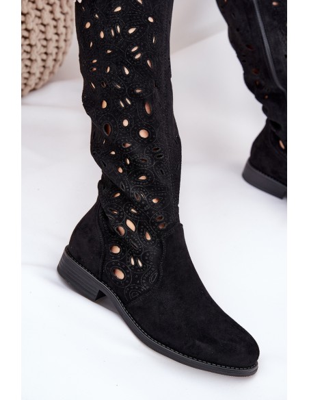 Perforated Boots On Flat Heel Black HY51-176