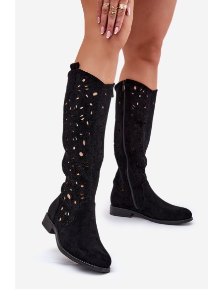 Perforated Boots On Flat Heel Black HY51-176
