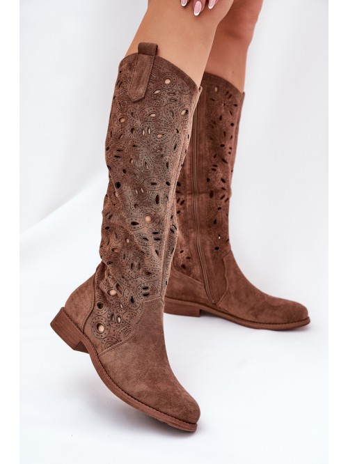 Cutout Boots On Flat Heel Brown HY51-176