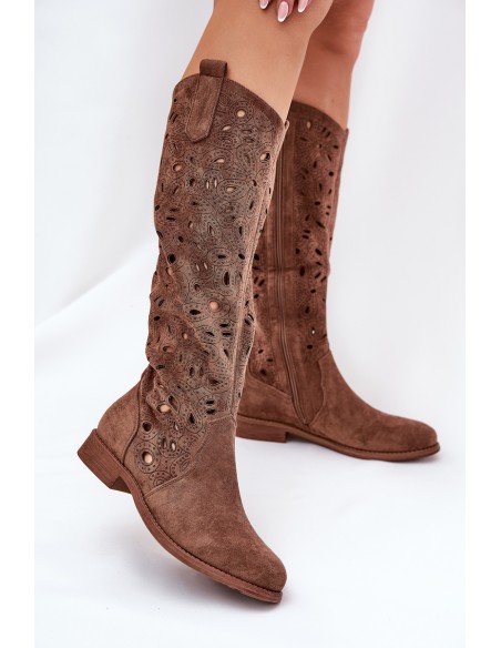 Cutout Boots On Flat Heel Brown HY51-176