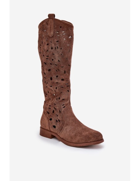 Cutout Boots On Flat Heel Brown HY51-176