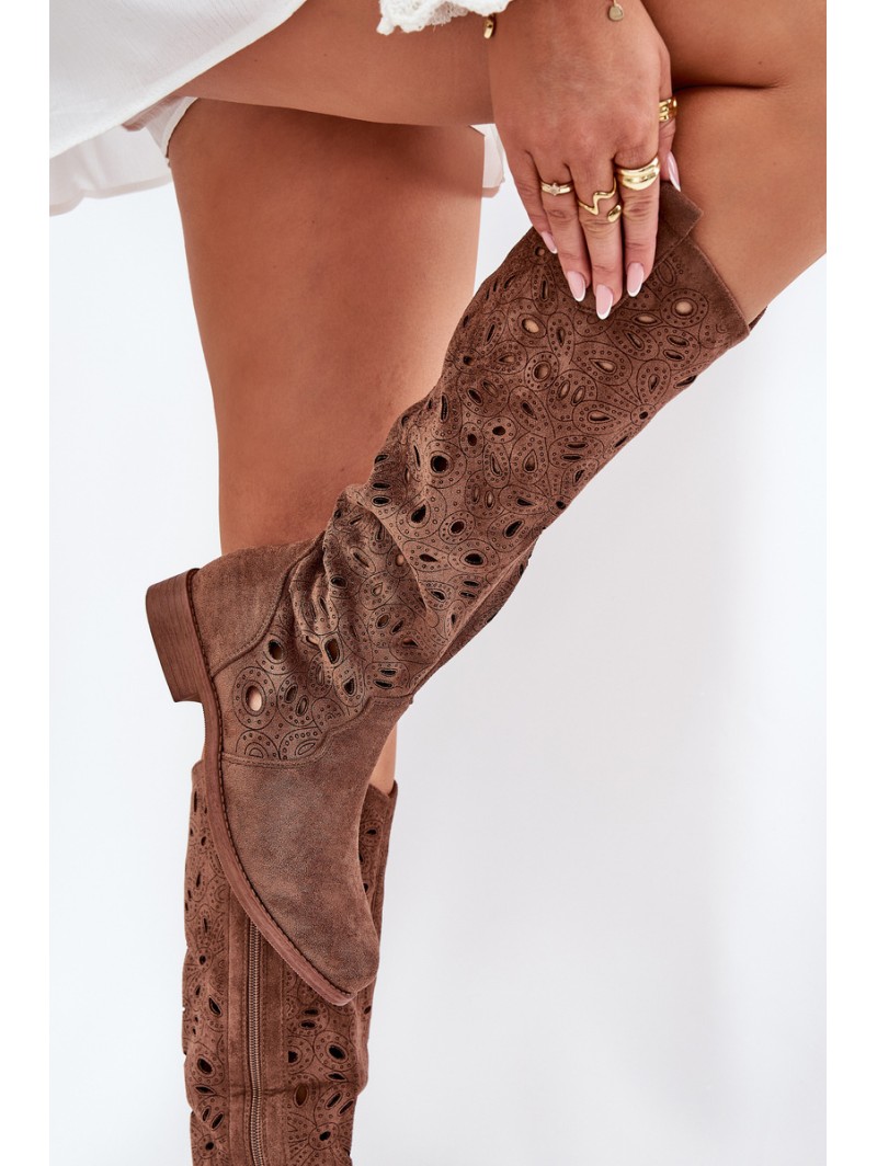 Cutout Boots On Flat Heel Brown HY51-176