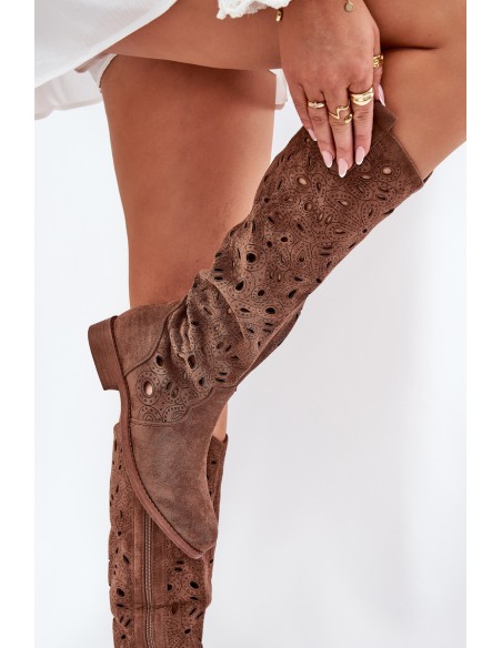 Cutout Boots On Flat Heel Brown HY51-176