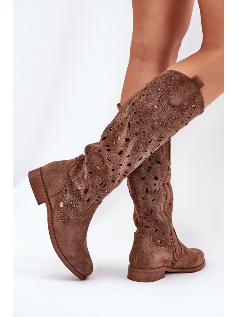 Cutout Boots On Flat Heel Brown HY51-176