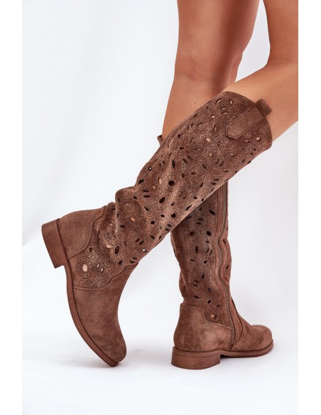 Cutout Boots On Flat Heel Brown HY51-176