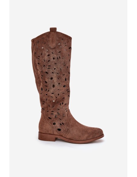 Cutout Boots On Flat Heel Brown HY51-176