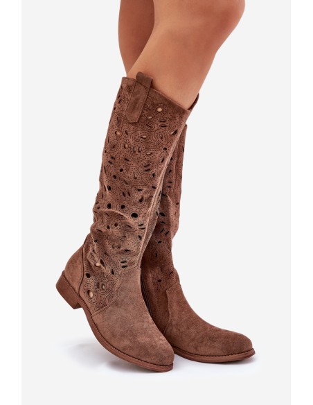 Cutout Boots On Flat Heel Brown HY51-176