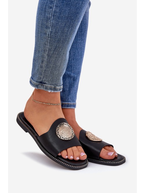 Eco Leather Slides On Flat Heel With Decoration Black Tatereia